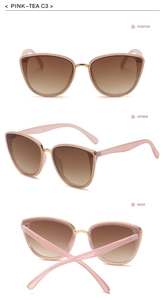 Three views of pink cat-eye sunglasses with tea gradient lenses on a white background