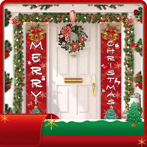 Merry Christmas Door Banners Vertical Hanging Porch Sign Polyester Fabric PVC Pole Festive Holiday Home Wall Decor