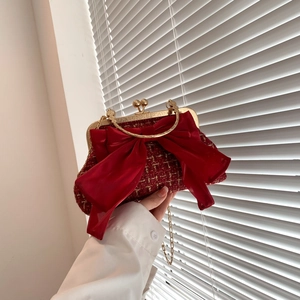 Sac à Main Élégant en Tweed pour Femme Avec Grand Nœud Sac Bandoulière Vintage Chaîne Mode Sac Coquille Clutch Soirée