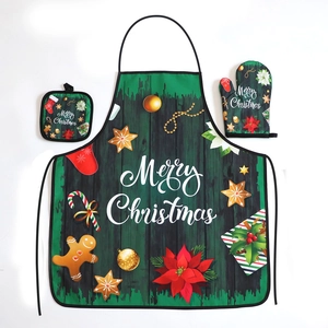 3-piece green Christmas kitchen set including apron, oven mitt and pot holder