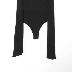 Black georgette bow bodysuit with snap closure detail on elastic knitted fabric