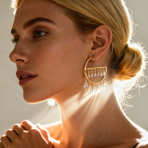 Elegant gold-tone geometric hoop earrings with zircon fringes and crystal drops on model
