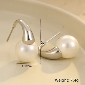 Macro shot showing 1.19cm pearl and silver stainless steel drop earring details