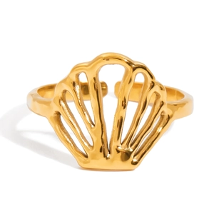 Macro view of gold stainless steel open ring featuring a hollow starfish shell design
