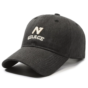 Vintage washed cotton baseball cap with N GRACE embroidery and adjustable metal buckle