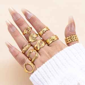 Vintage Gold Stainless Steel Adjustable Ring Leaf Feather Crown Geometric Texture Fashion Jewelry For Women Elegant