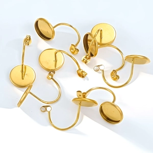 Golden stainless steel U-shaped ear hooks with round tray base for DIY jewelry making