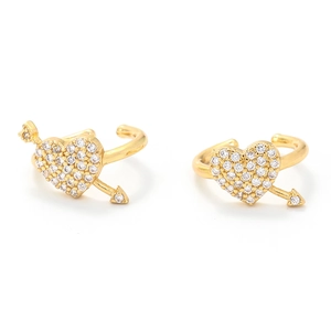 Minimalist gold heart arrow ear bone clips with sparkling white cubic zirconia stones