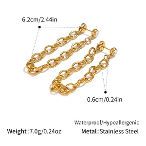 Detail view of gold chain drop earrings with measurements showing 6.2cm length and zirconia