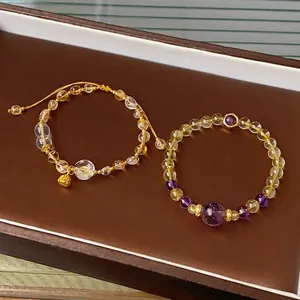 Elegant citrine and amethyst beaded bracelets with golden lotus charm on leather