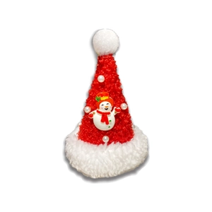 Mini red plush Christmas hat hair clip with white pearls and small snowman figure