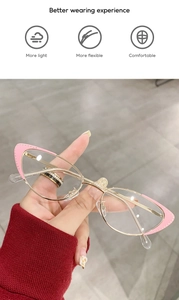 Detailed close-up of cat-eye frames with pink accents and metal temple dimensions