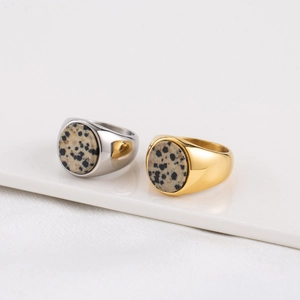 Signet Ring Stainless Steel 18K Gold Plated Round Dalmatian Jasper Spotted Stone Wide Band Vintage Jewelry For Men Women