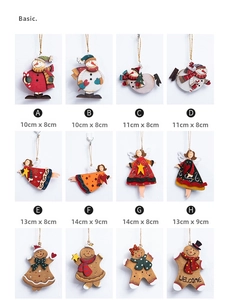 Detailed size guide for vintage wooden snowman and angel Christmas tree hanging ornaments
