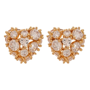 Exquisite gold-plated heart stud earrings with sparkling cubic zirconia on white background