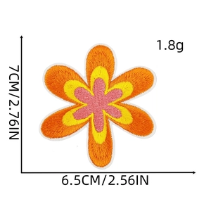 Detailed size view of a retro floral embroidered patch in orange, pink and yellow