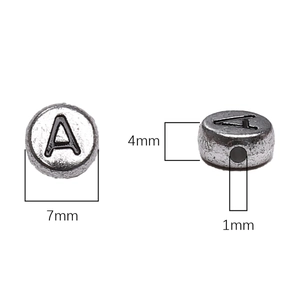 Front and side view of 7mm antique silver alphabet A beads for DIY jewelry making