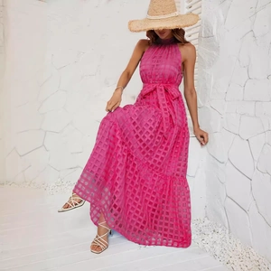 Summer halter neck ruffled long dress in magenta plaid with waist tie for women