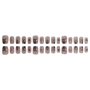 24-piece press-on nail set with glitter base, black orchid and butterfly art patterns