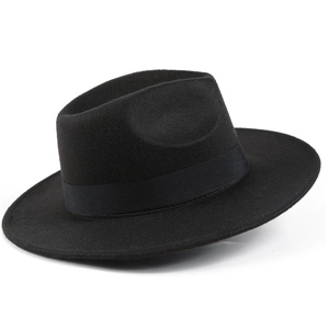 Close-up of black felt fedora hat featuring a classic wide brim and decorative satin ribbon