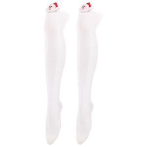 Detail of white over-the-knee knitted socks with 3D Santa Claus plush ornaments