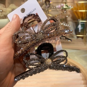 Elegant Rhinestone Bow Hair Claw Clip Large Alloy Sparkling Shark Jaw Clip Hair Accessory For Women
