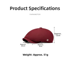 Detail view of burgundy newsboy cap fabric texture and dimensions showing 22cm length