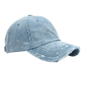 Light blue washed denim baseball cap with vintage distressed ripped edge design