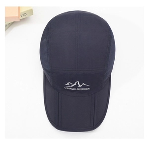 Macro shot of breathable mesh vents and outdoor embroidery on navy quick-dry sports cap