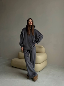 Women Hooded Sweatshirt And Wide Leg Pants Solid Color Silver Fox Velvet Cotton Loose Fit Casual Autumn Winter Minimalist