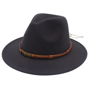 Classic black wool fedora hat with brown leather band and bronze skull metal buckle decoration