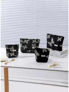Butterfly Jacquard Cosmetic Bag Makeup Pouch Large Capacity Toiletries Organizer With Flower Zipper Pull For Women Elegant