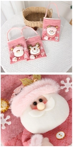 Detailed close-up of pink Christmas candy bag featuring a 3D plush Santa and sequins