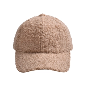 Detailed texture of beige teddy fleece baseball cap showing soft faux lamb wool material