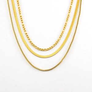 Detailed view of layered 18K gold plated box, snake, and figaro chain necklaces set