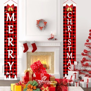 Merry Christmas Porch Banner Buffalo Plaid Outdoor Hanging Sign Decoration For Front Door Home Party With Ribbon Bows Bells