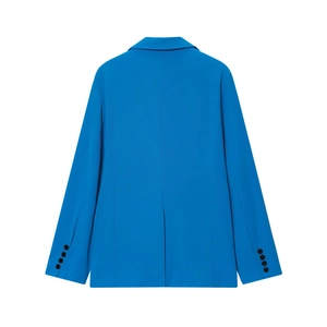 Vue arrière d'un blazer bleu vif à manches longues avec texture de tissu haut de gamme