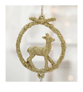 Detail of a golden glitter reindeer ornament with a festive bow for Christmas tree decoration