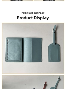 Detail of light blue PU leather passport holder and luggage tag set with clear slots