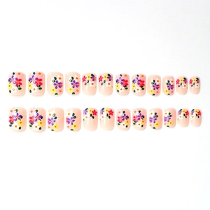 24pcs short square press-on nails with colorful rainbow floral patterns on nude base