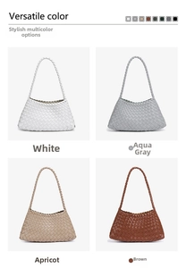 Detail view of handmade woven bags in white, agate grey, apricot, and dark brown colors