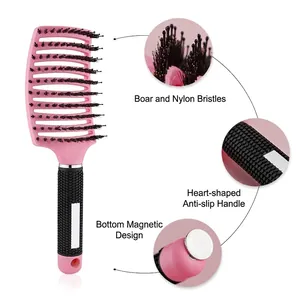 Pink curved vent hair brush with boar bristles and magnetic handle for styling