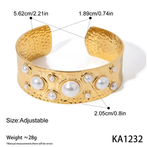 Gold plated stainless steel open bangle with pearls and size measurement details