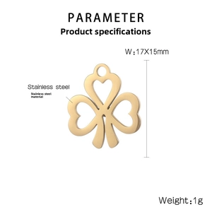 Detailed view of 17x15mm golden stainless steel clover pendant with product dimensions