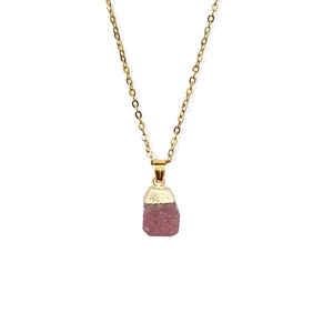 Natural pink quartz raw stone pendant necklace with elegant thin gold chain for women