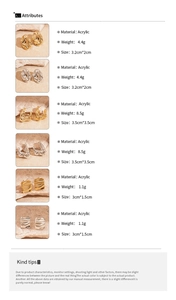 Detailed size and weight chart for various geometric acrylic and metal earrings