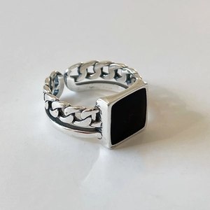 925 Sterling Silver Ring Square Black Enamel Top Cuban Link Chain Retro Punk Adjustable Open Finger Jewelry For Men