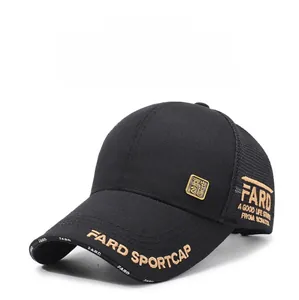 Detail of black mesh baseball cap showing golden FARD SPORTCAP letter embroidery