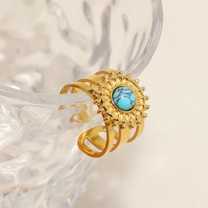 Vintage Stainless Steel Open Ring For Women Sunflower Design Turquoise Inlaid Adjustable Gold Plated Bohemian Finger Ring Jewelry