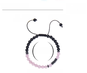 Détails du bracelet code Morse montrant les perles quartz rose 6mm et les mesures